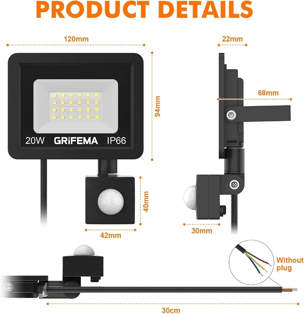 GRIFEMA 20 W LED floodlight with motion sensor, 2200 lm, IP66 2