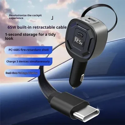 Autolaadija HAWUJ GE10 PD 65 W, sissetõmmatava USB-C kaabliga ja pingenäidikuga 2