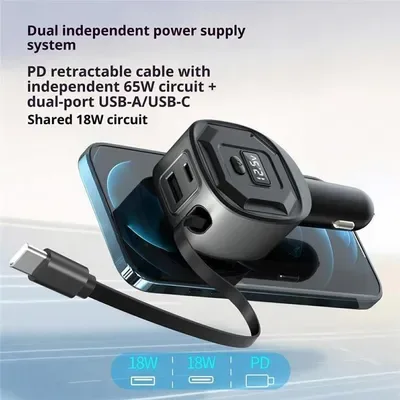 Autolaadija HAWUJ GE10 PD 65 W, sissetõmmatava USB-C kaabliga ja pingenäidikuga 3