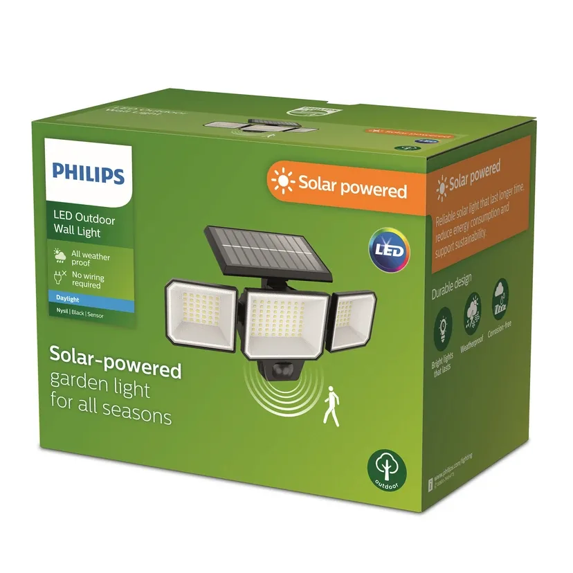 Philips Nysil 3-head solar LED wall light with sensor, black 3